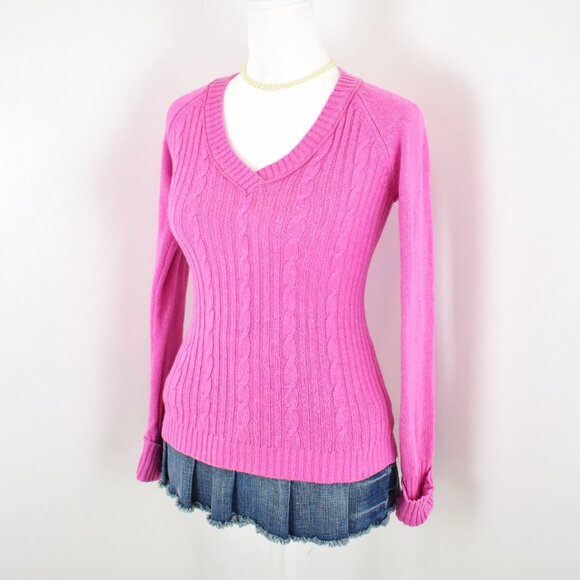 VTG 00s Y2K Limited Too Pink Cable Knit V-Neck Long Sleeve Sweater Size Girls 12 - Picture 2 of 7